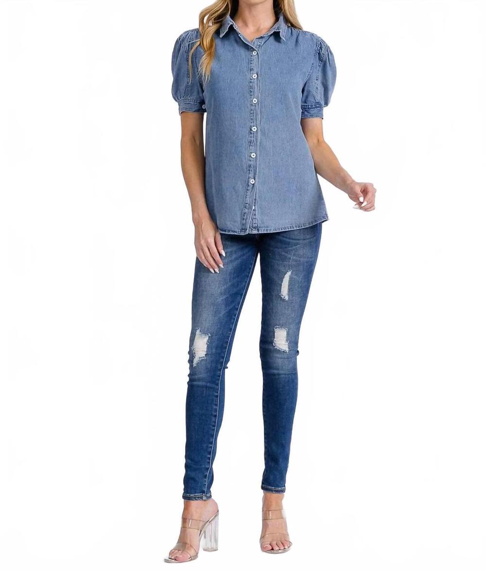 NEW WHOLESALE FASHION TRENDS the arlo denim puff top in blue